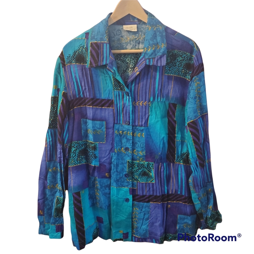 Vintage 90s Blair Boutique block print  button front blouse Blue purple …
